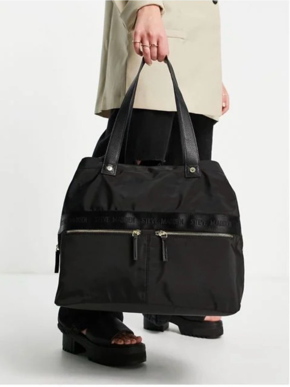 NWOT Steve Madden Women's Black Tote Bag With Logo Stripe Crossbody Strap